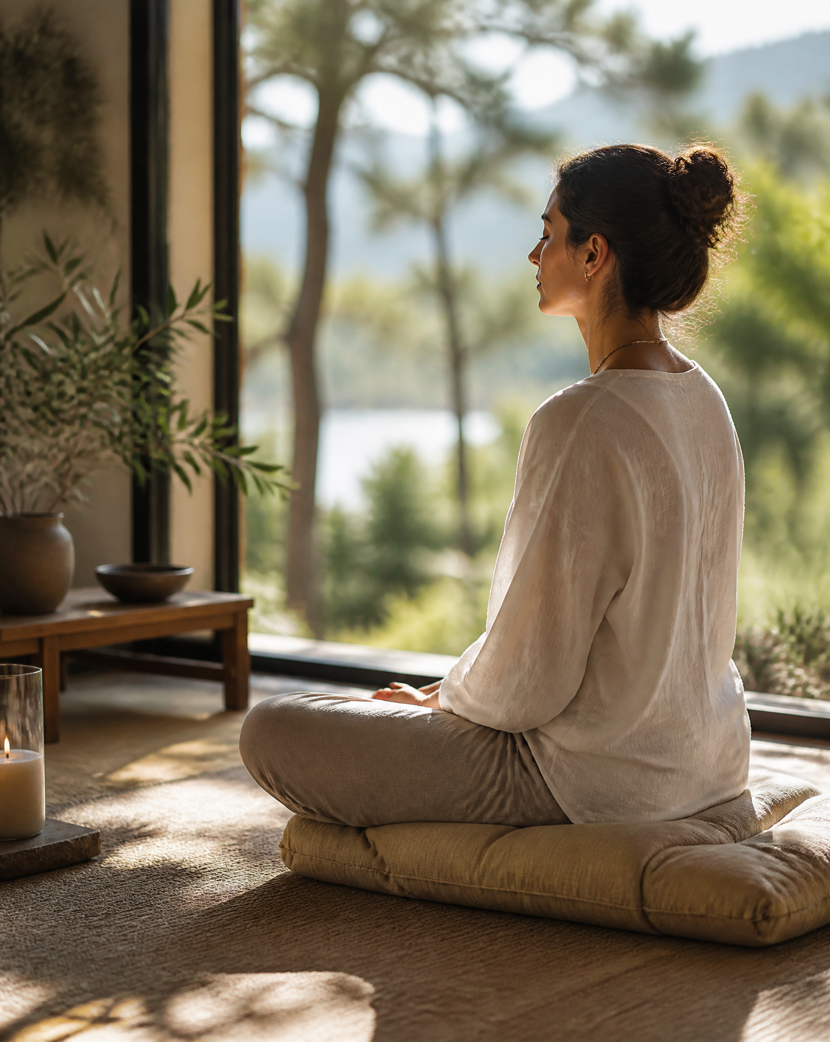 Woman meditating in a sunlit zen interior overlooking a lake
